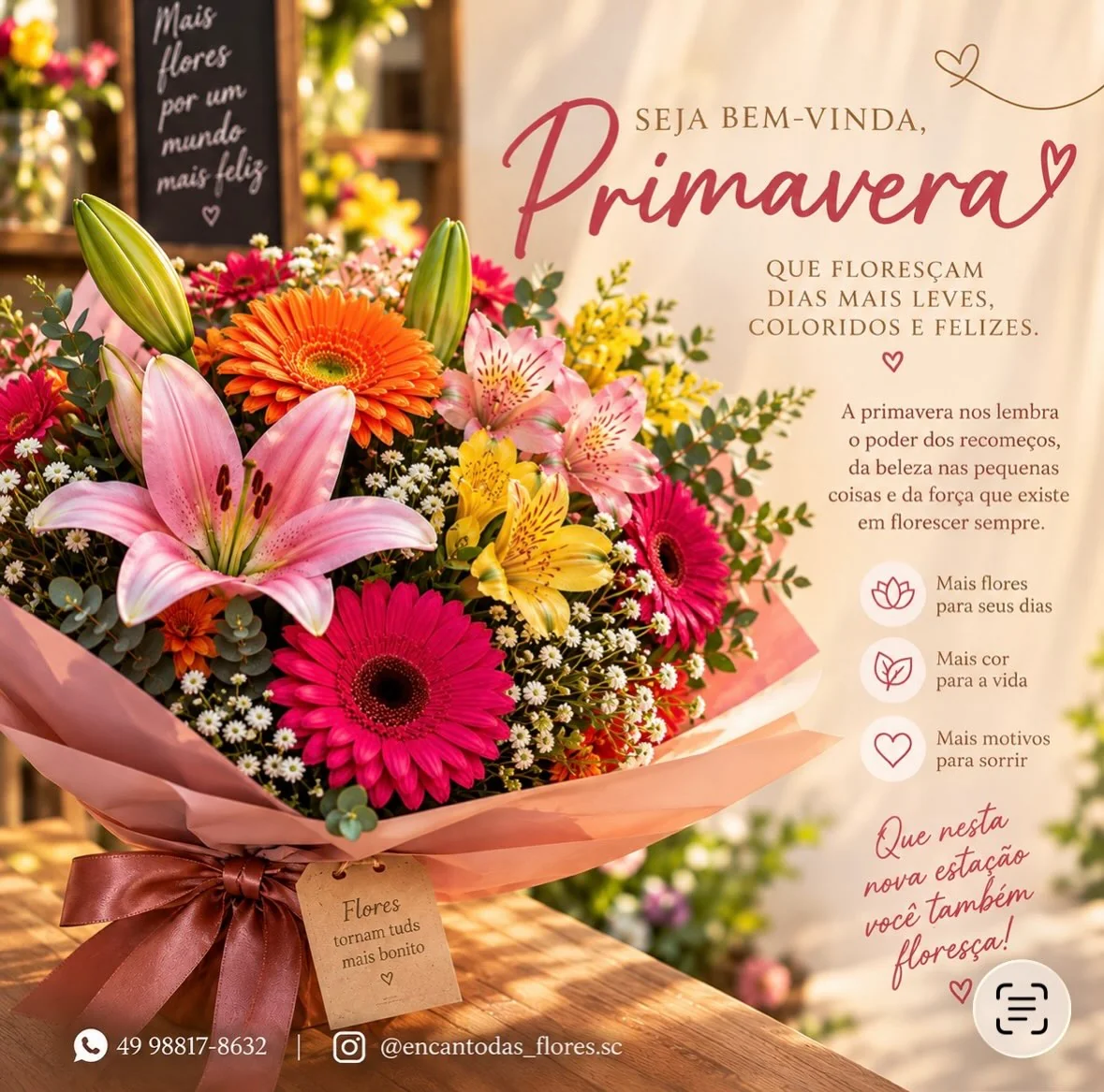 Arranjo de flores coloridas em publicação da Encanto das Flores